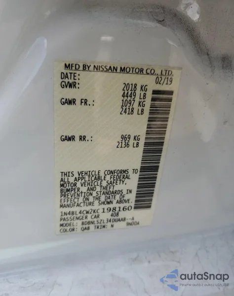 2019 Nissan Altima Sr z USA, uszkodzony, nr VIN 1N4BL4CW2KC198160